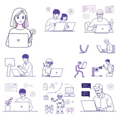 Vector of Diverse People Working on Laptops in a Modern Digital Setting