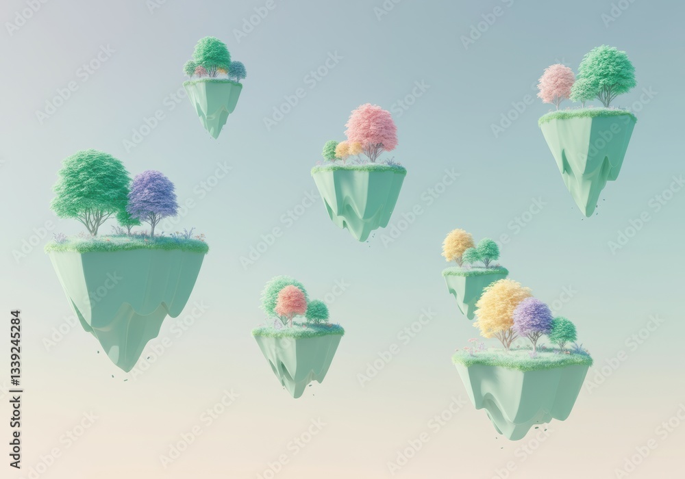 Poster floating islands with colorful trees create a whimsical landscape