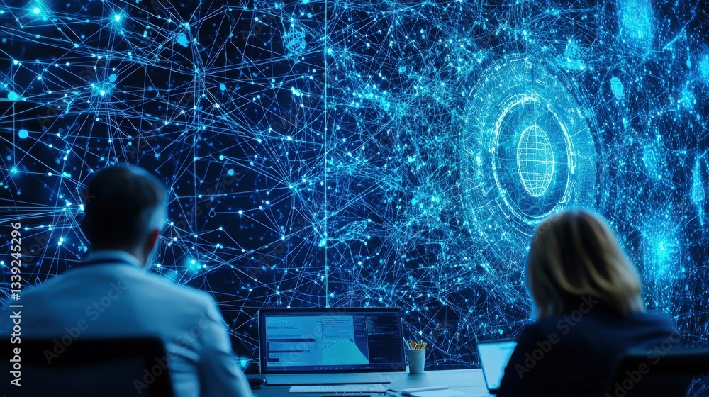 Poster people analyzing digital data on laptops with abstract background
