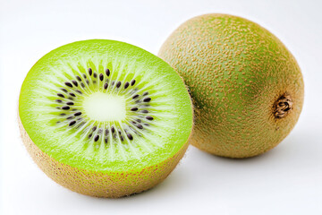 Fototapeta premium Fresh green kiwi fruit, sliced in half, revealing its vibrant pulp and tiny seeds, showcasing its unique texture and color