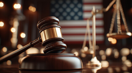 A courtroom scene with a judge’s gavel in focus, scales of justice and American flag in background.