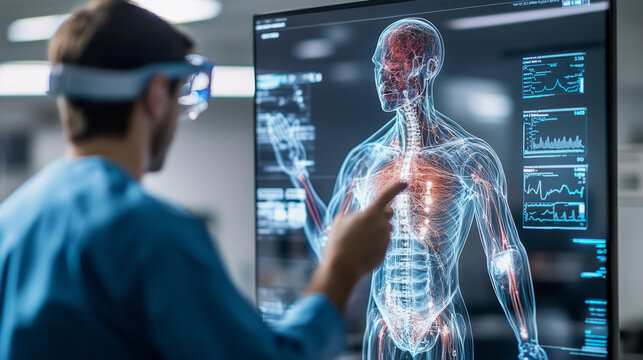 Interns in medical training are interacting with a high-tech anatomy display. They analyze human anatomy and physiological data while developing essential skills for future careers in medicine.