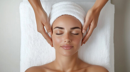 Close-up of a woman receiving a relaxing facial massage at a spa, eyes closed, on a white towel.