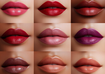 Collage of close-up lips wearing various lipstick shades, from nude to vibrant, on smooth skin.
