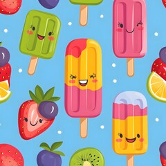 Cute Cartoon Popsicles and Fruit Seamless Pattern