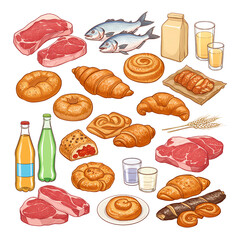 Variety of Food and Drinks on Transparent Background 