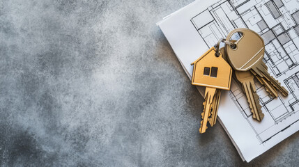 House keys with home-shaped keychain on blueprints