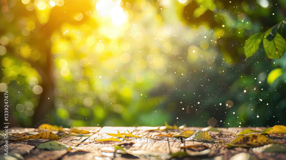 Poster serene forest scene with sunlight filtering through leaves, creating magical atmosphere with floatin