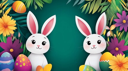 Fototapeta premium Two cartoon bunnies are surrounded by Easter eggs and colorful flowers in a festive spring illustration against a teal background, creating a cheerful