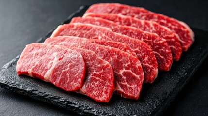 Succulent Raw Beef Slices on Dark Stone Plate