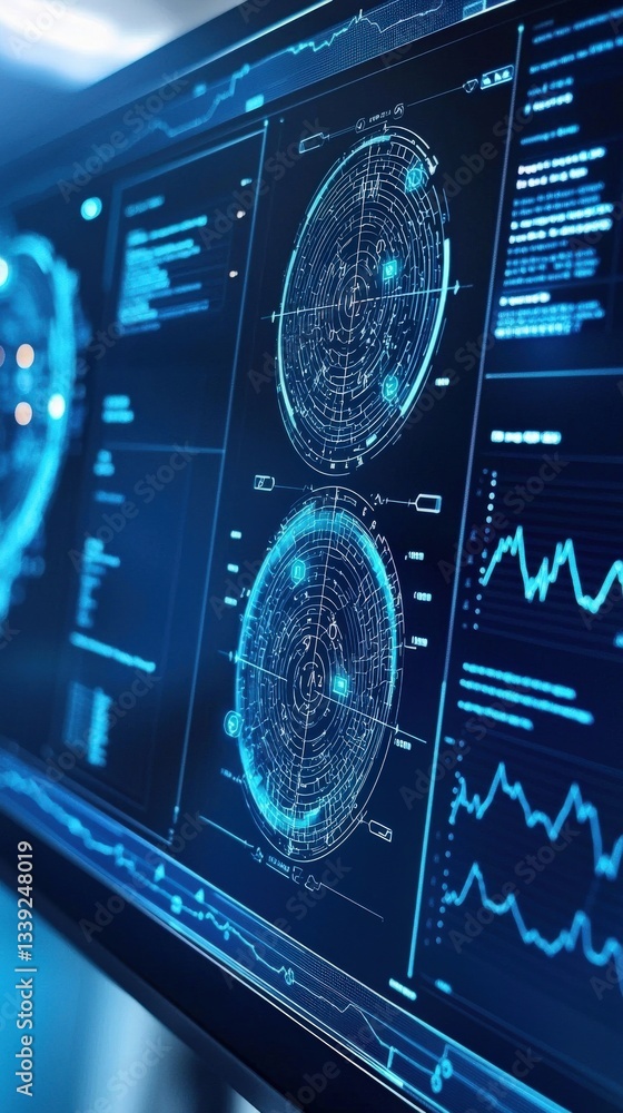 Poster futuristic data analysis interface with graphs and diagrams