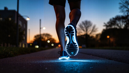 Runner in reflective shoes jogging through twilight park path, urban energy