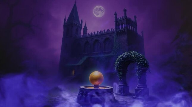 Mysterious Gothic castle in the fog with towers, dark ivy-covered walls and a golden ball on an old stone fountain