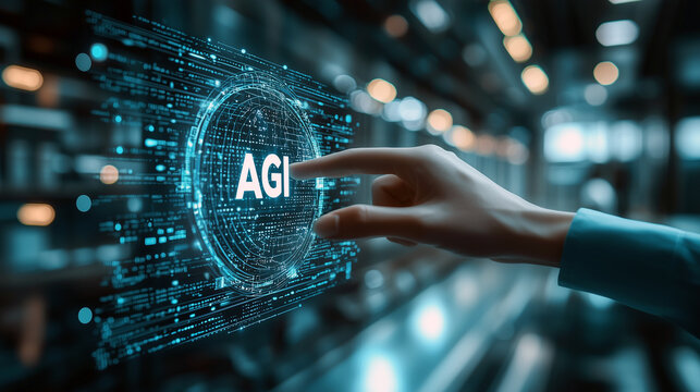 Human hand touches letters AGI on holographic screen. Future artificial general intelligence. A moment of transformation&mdash;humanity reaching toward a new era where surpasses boundaries. Soft filter.