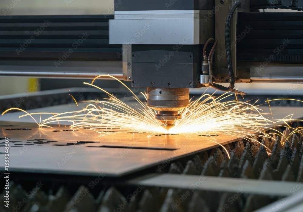 Poster laser cutting machine creating sparks while processing metal sheet