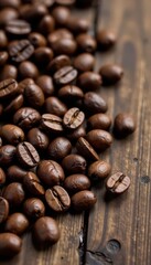 Fototapeta premium Coffee beans spilled across weathered oak tabletop , texture, oak, aroma