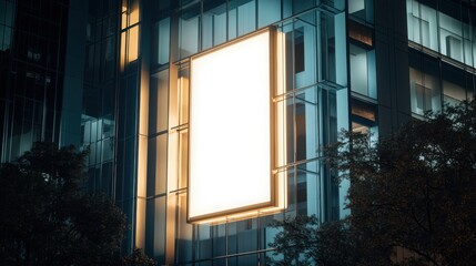 Minimalist blank storefront sign glowing in warm white light on a modern glass building at night, perfect for brand name or logo placement,
