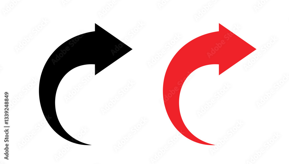 Poster black arrows set. curved arrows. arrow sign. curved arrow pointing right. black and red arrow