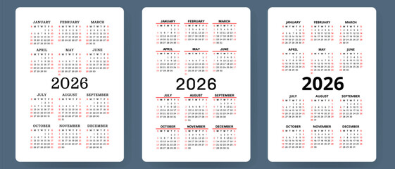 Calendar 2026 vector set. Pocket calender collection. Week starts on Sunday. Basic grid template for print