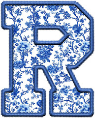 Blue Chinoiserie Letter R PNG, Sublimation Letters, Blue Toile College, Faux Embroidery Alphabet,...