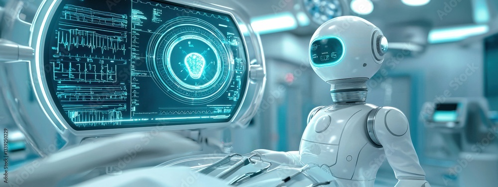 Poster futuristic robot analyzing data on advanced medical console
