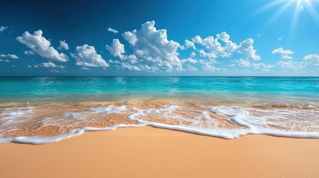 stunning tropical beach view with golden sand, clear turquoise water, and fluffy clouds under bright blue sky