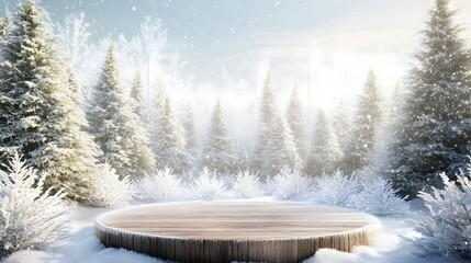 Wooden Platform in a Snowy Winter Forest Scene