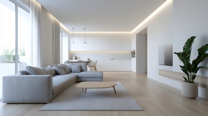 Fototapeta premium Bright modern living room, spacious area with large windows, minimalist decor, comfortable seating, natural light, copy-space available.