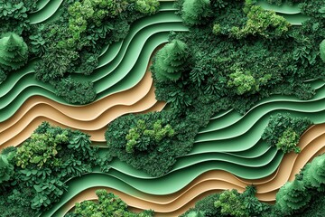 Abstract Green Hills Landscape with Winding Paths Digital Illustration
