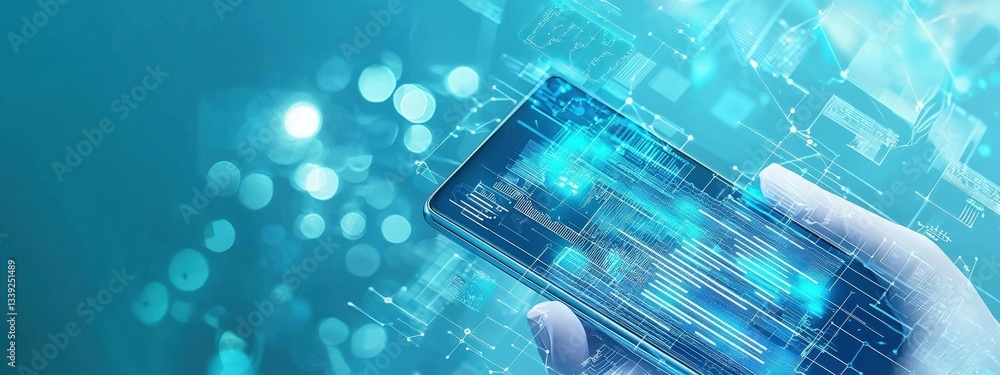 Poster hand holding smartphone with futuristic graphical user interface