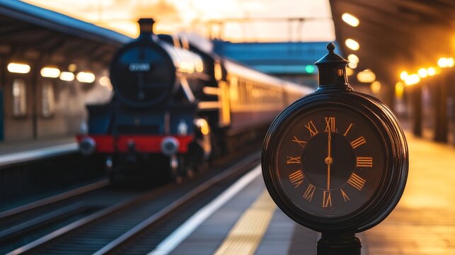 Vintage train station at sunset with a classic clock in the foreground and a steam locomotive