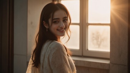 Smiling Young Woman by Window in Warm Light: Portrait of Confidence, Natural Beauty, and Serenity, suitable for lifestyle, wellness, and fashion themes