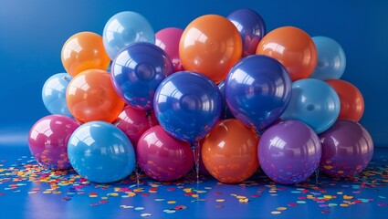 Colorful Balloons Pile with Confetti on a Blue Background