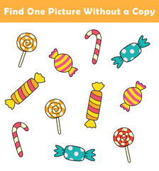 Find One Picture Without a Copy for Preschool Children. Find same picture worksheet for kids. Worksheet for kindergarten-aged children with cute candy illustration.