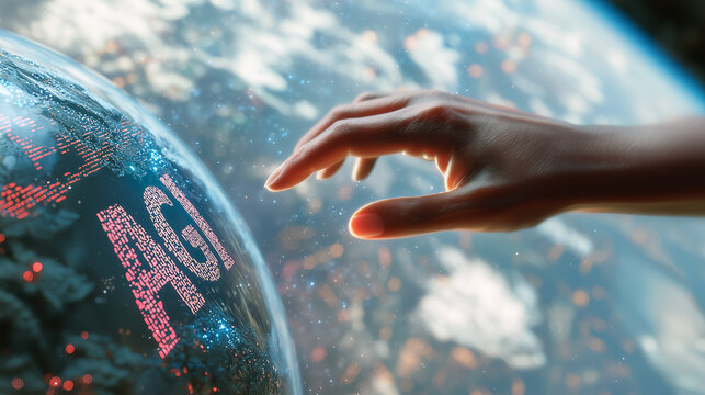 Human hand touches letters AGI on holographic screen. Future artificial general intelligence. A moment of transformation&mdash;humanity reaching toward a new era where surpasses boundaries. Soft filter.