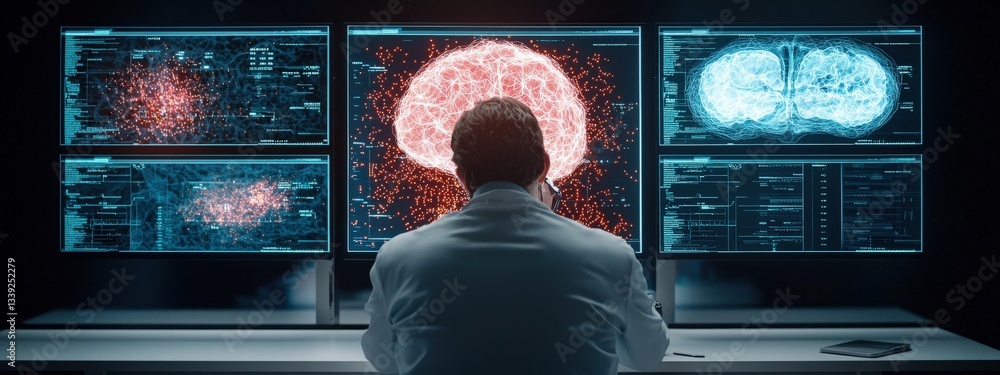 Poster scientist analyzing brain signals with advanced technology displayed