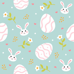 Cute easter eggs and bunny seamless pattern. Colorfull illustration. Tosca Background