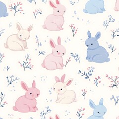 Adorable Pastel Bunnies and Delicate Floral Seamless Pattern