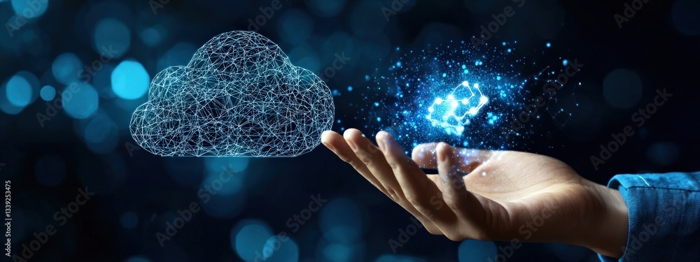 Poster digital hand reaching for cloud data connection and innovation concept