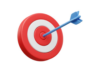 A 3D illustration of a red and white bullseye target with a blue arrow hitting the center isolated on transparent background