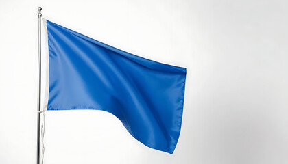 Waving Royal Blue Flag on Silver Pole Against White Backdrop