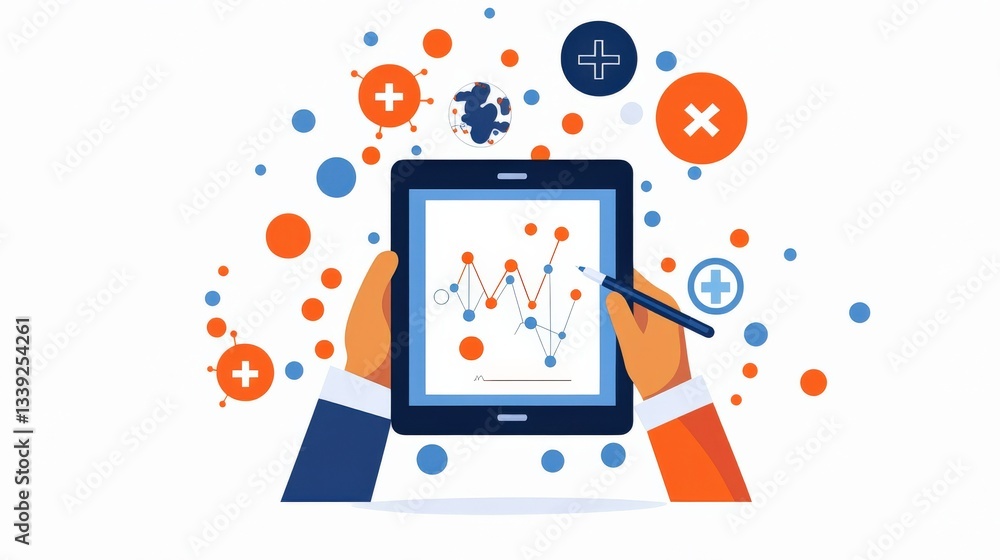 Poster hands holding tablet with data visualization and analytics chart