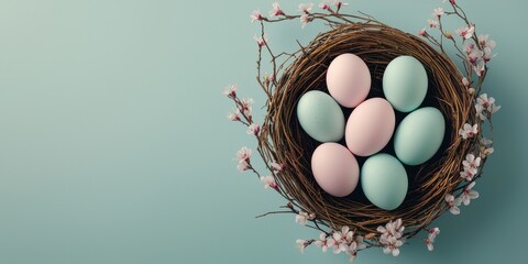 Pastel Easter eggs. Pastel eggs in a nest on a soft background.