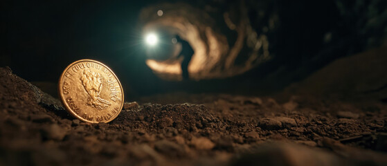mysterious golden coin rests on ground in dimly lit tunnel, with miner visible in background, creating intriguing atmosphere of discovery and adventure