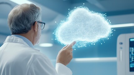 Obraz premium Scientist Interacting with Digital Cloud Technology in Laboratory