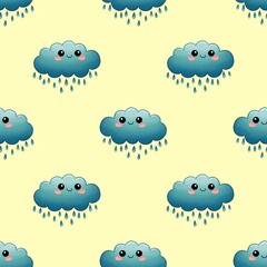 Children's seamless pattern, blue rain cloud on a yellow background.