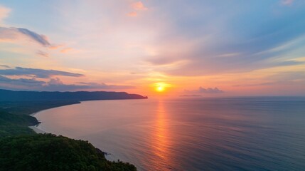 Naklejka premium Serene sunset over tranquil waters, vibrant hues reflecting on calm lake, perfect for calming nature-themed content.