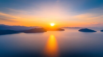 Fototapeta premium Serene sunset over calm water, vibrant orange and blue hues reflecting, ideal for relaxation themes and inspirational quotes.