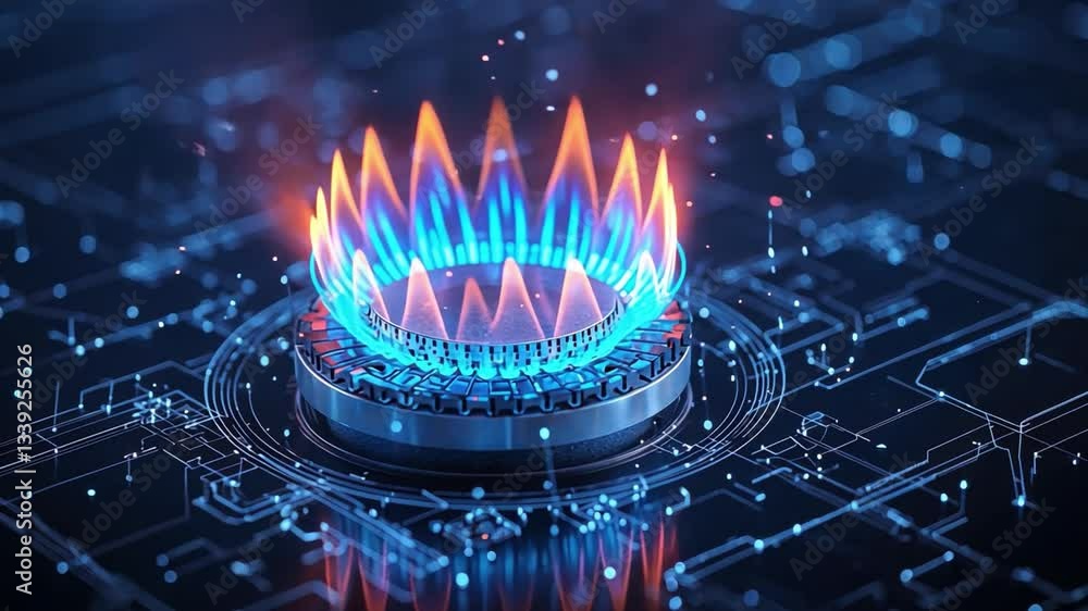 Poster abstract representation of futuristic technology with colorful flame graphics blending into digital 