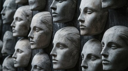 Fototapeta premium A Wall of Faces: An Intriguing Collection of Sculpted Masks